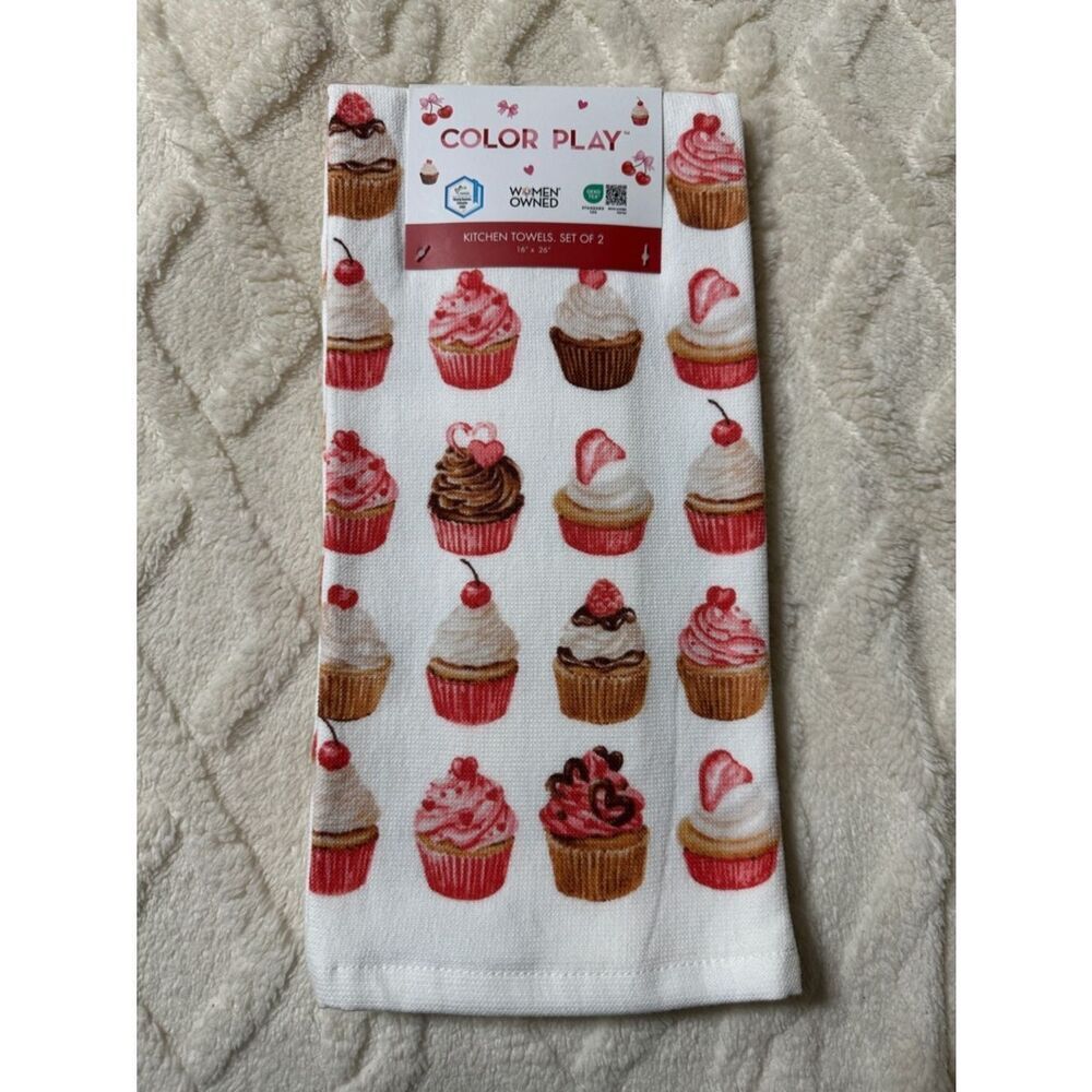 CP Valentine’s Day White Red Pink Tan Cupcakes Hearts Cotton Bamboo Tea Towels